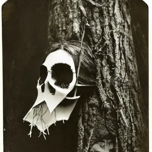 Prompt: portrait of a witch wearing a skull mask holding a puppet in an ominous forest, 1 9 0 0 s photography