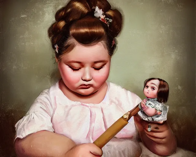 Prompt: very stylized old photo portrait of a fat sweet little girl painting a doll on the wall, full body. long shot. beautiful hands, flowery cloth. subsurface scattering shiny skin. beautiful lighting, 4 k post - processing, trending in art station, cg society, highly detailed, 5 k extremely detailed, 3 d. cinematic scene. sharp details. bokeh