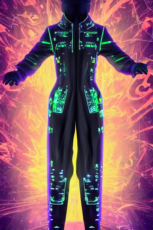 Prompt: photo of a jump suit, band merchandise, bandname is tripmachine, realistic digital art, jump suit is printed with a 3 d render of a huge futuristic steampunk generator, 8 k, fluorescent colors, halluzinogenic, multicolored, exaggerated detailed, unreal engine