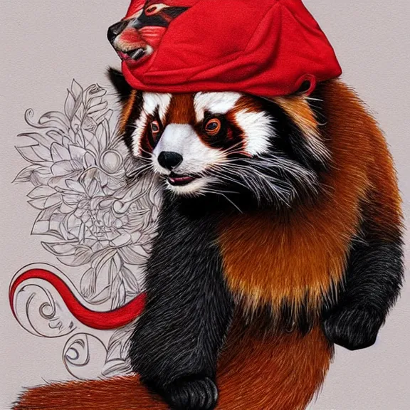 Image similar to “neotraditional tattoo of a red panda in a fullcap hat, digital art, tattoo art, highly detailed, hiperrealistic, photorealistic, 4k UHD, Zoltán Szente”