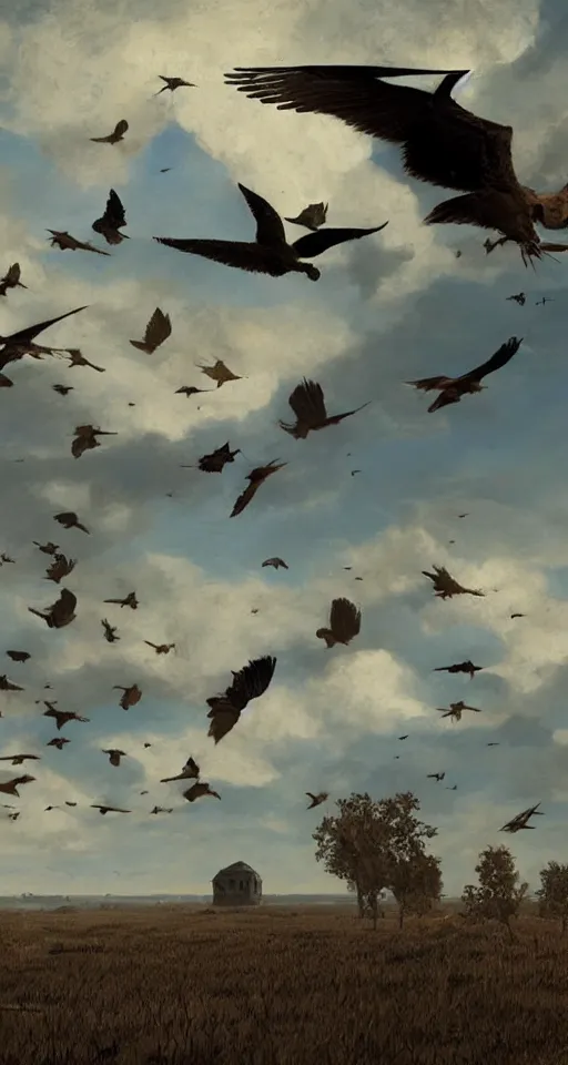 Image similar to birds in the sky, from the game pathologic 2, highly detailed, sharp focus, matte painting, by isaac levitan and asher brown durand,