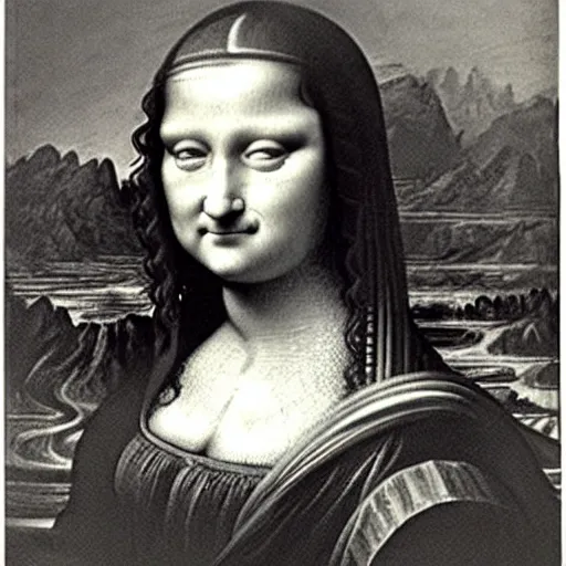 Image similar to monalisa in the style of Gustave Doré!!!!!!!!!!, Etching, oil on canvas, by Gustave Doré!!!!!!!!!!