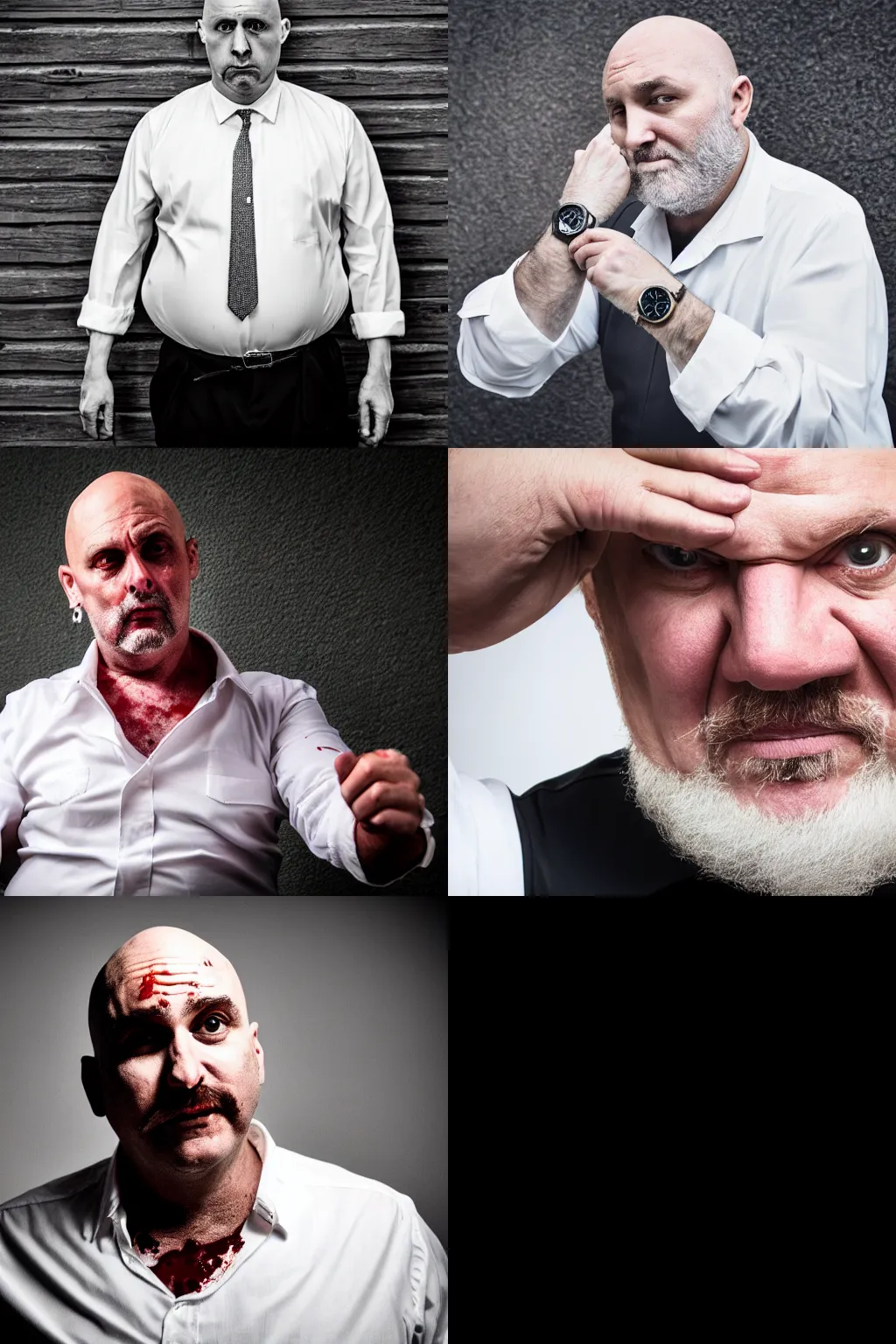 Prompt: a 4 5 years caucasian old male, bald entrances, overweight, beardless, wearing a watch, wearing white shirt stained with blood, hair gel combed backwards, mafia, pistol on his hand, full body, cinematic, photography, 4 k