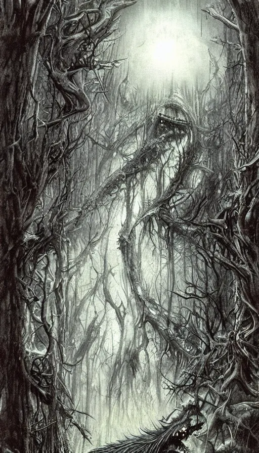 Prompt: a storm vortex made of many demonic eyes and teeth over a forest, by luis royo,
