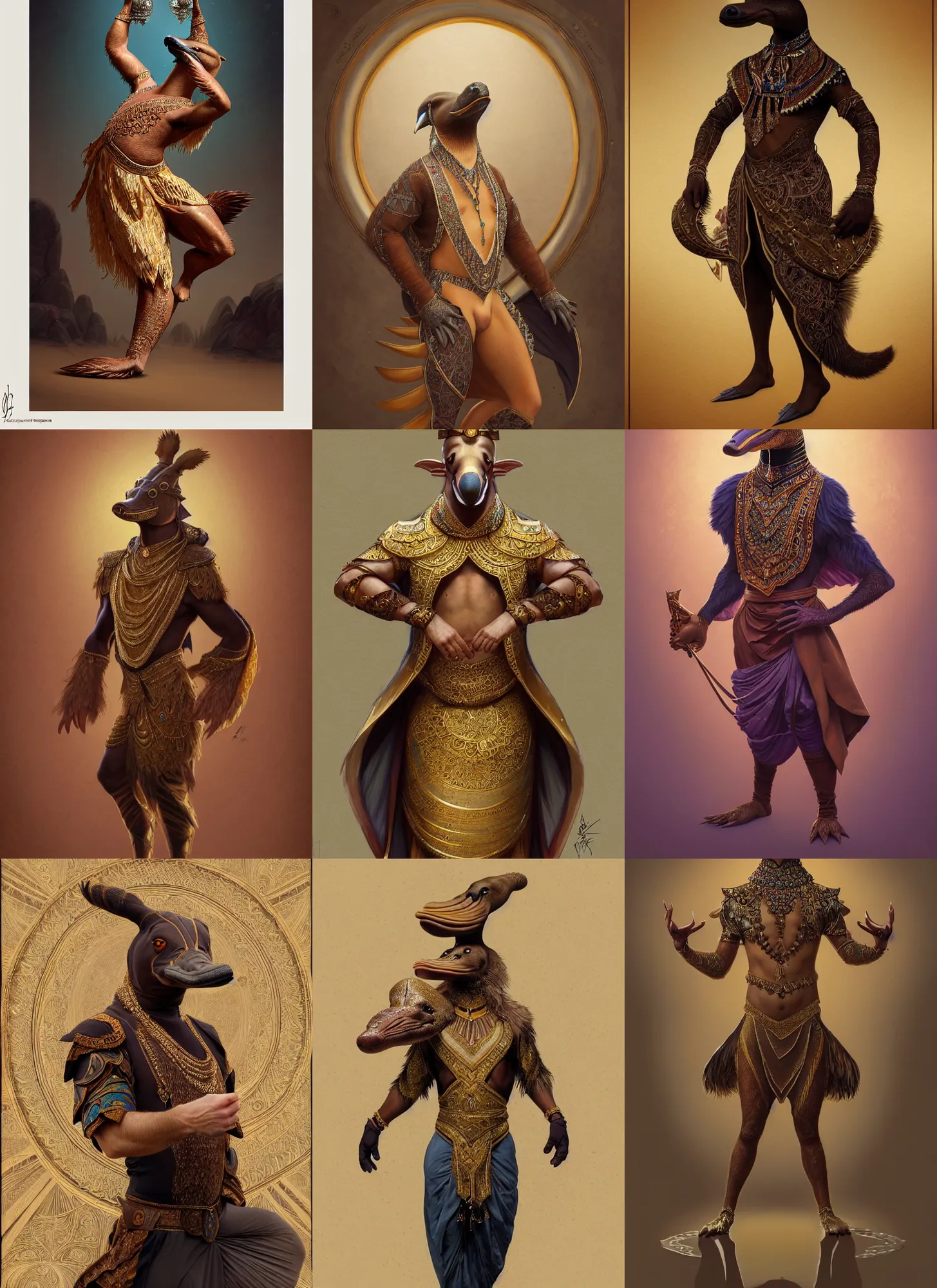 Prompt: full body photograph of a male anthropomorphic platypus man fursona arabian dancer, deep focus, intricate, elegant, highly detailed, digital painting, artstation, concept art, matte, sharp focus, illustration, d & d, fantasy, hearthstone, art by artgerm and greg rutkowski and alphonse mucha