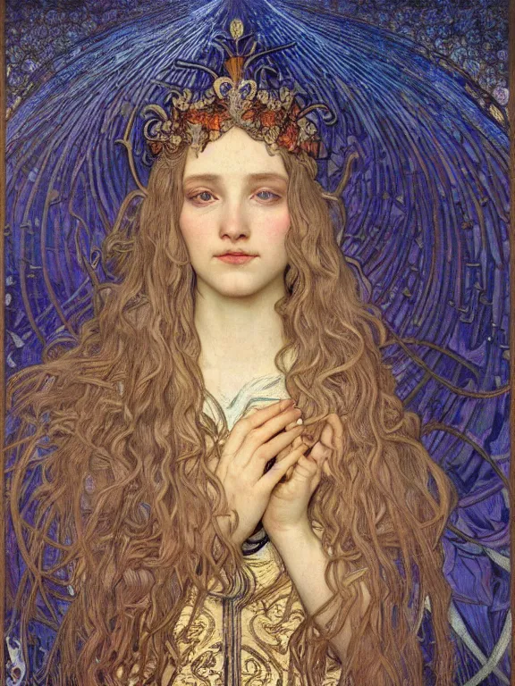 Image similar to detailed realistic beautiful young medieval queen face portrait by jean delville, alphonse mucha, vincent van gogh, and marco mazzoni, art nouveau, symbolist, visionary, gothic, pre - raphaelite