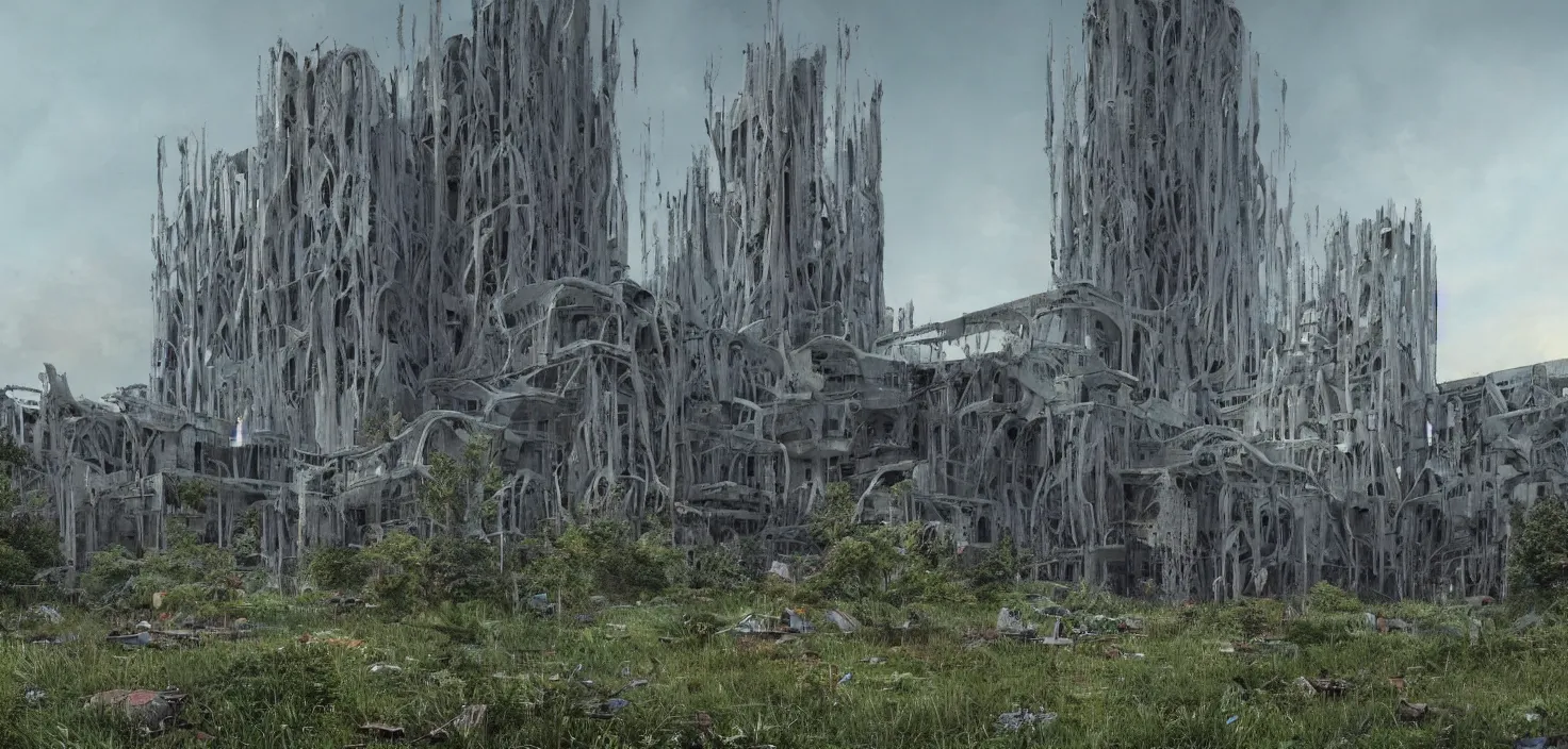 Image similar to an extremely detailed cathedral of brutalist architecture, surrounded by lush green vegetation, stunning volumetric lighting, sunset, rusted metal, concrete, translucent material, stunning skies, scattered rubbish and debris, 8k, photorealistic, hyper detailed, unreal engine 5, IMAX quality, cinematic, epic lighting, digital painting in the style of DOOM and Quake, by Greg Rutkowski, trending on Artstation