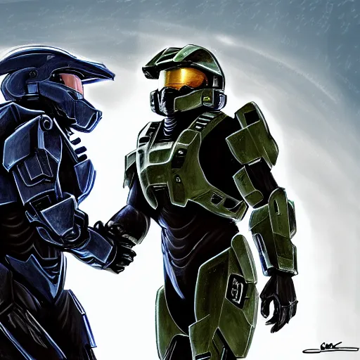 Image similar to master chief from halo shaking hands with biden, digital art, highly detailed, high contrast, beautiful lighting, award winning, trending on art station, photorealistic, 8 k,