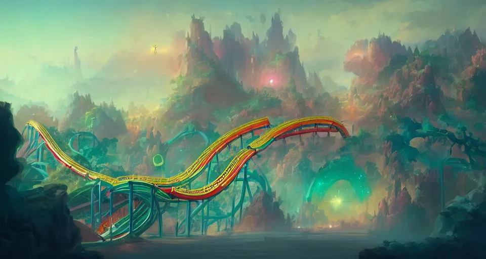 Image similar to a roller coaster with Pastel coloring by peter mohrbacher, vivid colors, matte painting, 8K, concept art, mystical color scheme, trending on artstation