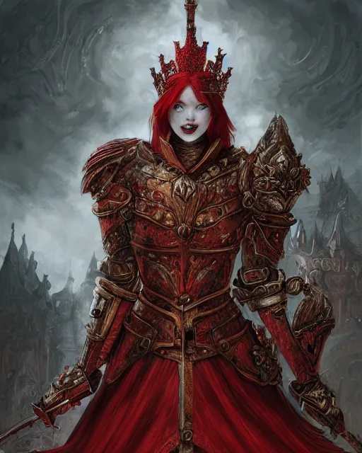 Prompt: redhead queen in heavy red armor, inside an epic gothic castle, baroque, large crown helmet, face with scars, mad grin, insane smile, intimidating, ominous, high fantasy, intricate detail, digital painting, artstation, concept art, smooth, sharp focus, illustration, art by yoshitaka amano and monia merlo and wlop