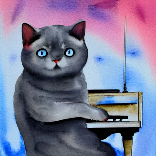 Prompt: grey british shorthair cat sitting playing piano keyboard with abstract musical note background detailed watercolor painting 4 k