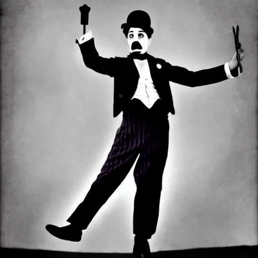 Image similar to Charlie Chaplin dancing, with hat, cane, shoes, moustache, 1920s vibes, black and white silent movie style, yellow infrared