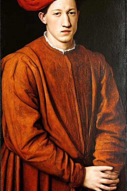 Image similar to renaissance 1 6 0 0 portrait of miles teller, oil painting by jan van eyck, northern renaissance art, oil on canvas, wet - on - wet technique, realistic, expressive emotions, intricate textures, illusionistic detail