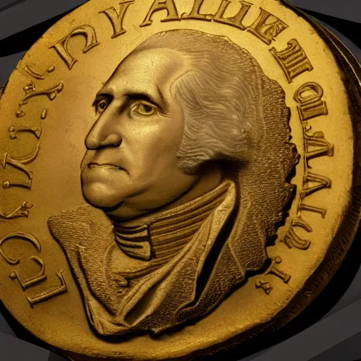 Image similar to a closeup photorealistic photograph of a happy George Washington inspecting small gold Doubloon coins at his home on Cherry Street. This 4K HD image is Trending on Artstation, featured on Behance, well-rendered, extra crisp, features intricate detail and the style of Unreal Engine.