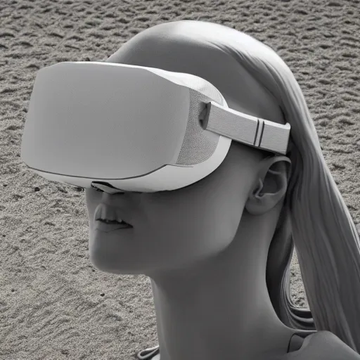 Image similar to the head of a marble cybernetic lady justice statue wearing a virtual reality headset on ground covered in sand, cyberpunk background, highly detailed, epic lighting, hyper photorealism, 8 k