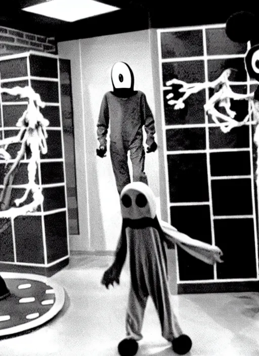 Prompt: creepy realistic scary gangly ghost monster invades the crowded set of a 9 0's childrens tv gameshow, everyone runs in horror, grainy black and white surveillance