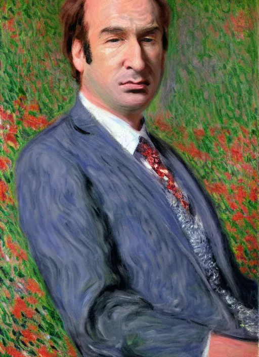 Prompt: a detailed professionally - done promotional oil portrait of saul goodman by claude monet