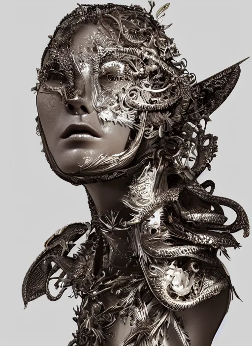 Image similar to sculpture made of metal, portrait, female, future, wood, tree, harper's bazaar, vogue, magazine, insanely detailed and intricate, concept art, close up, ornate, luxury, elite, elegant, trending on artstation, by ruan jia, by Kenneth Willardt, by ross tran, by WLOP, by Andrei Riabovitchev,