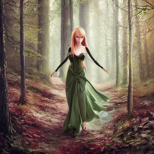 Image similar to a realistic portrait of a realistic female elf with a long withe and light green dress holding a scepter walking in the woods , perfect and hyperrealistic face, wild face , detailed trees by WLOP