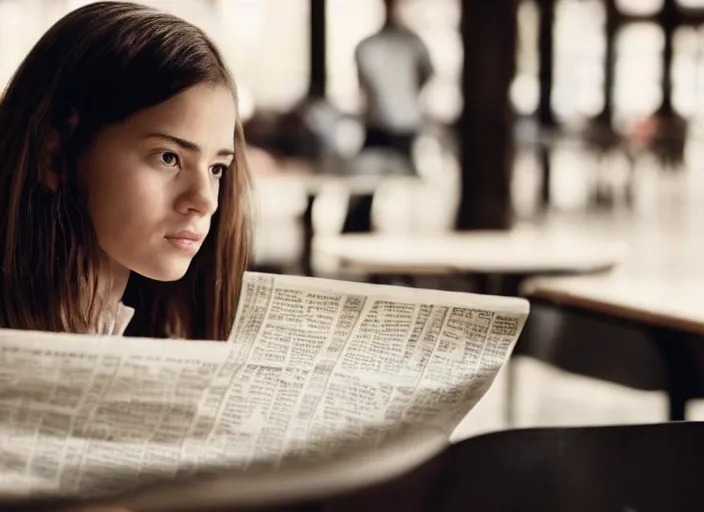 Image similar to film still. screenshot. young woman. sitting at a table. holding a newspaper. extreme close up. focused on newspaper. in public cafeteria. extremely detailed. directed by christopher nolan and denis villeneuve. 4 k.