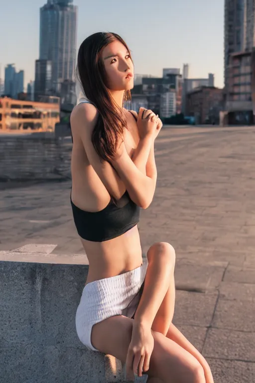 Image similar to 2 4 year old professional female model, light freckles, arms down, portrait, neck zoomed in, photo realistic, slr, golden hour, 4 k, high definition, city background