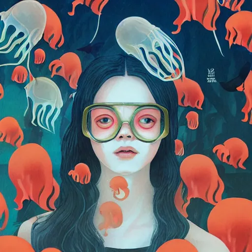 Image similar to Elle Fanning underwater surrounded by jellyfish picture by Sachin Teng, asymmetrical, dark vibes, Realistic Painting , Organic painting, Matte Painting, geometric shapes, hard edges, graffiti, street art:2 by Sachin Teng:4