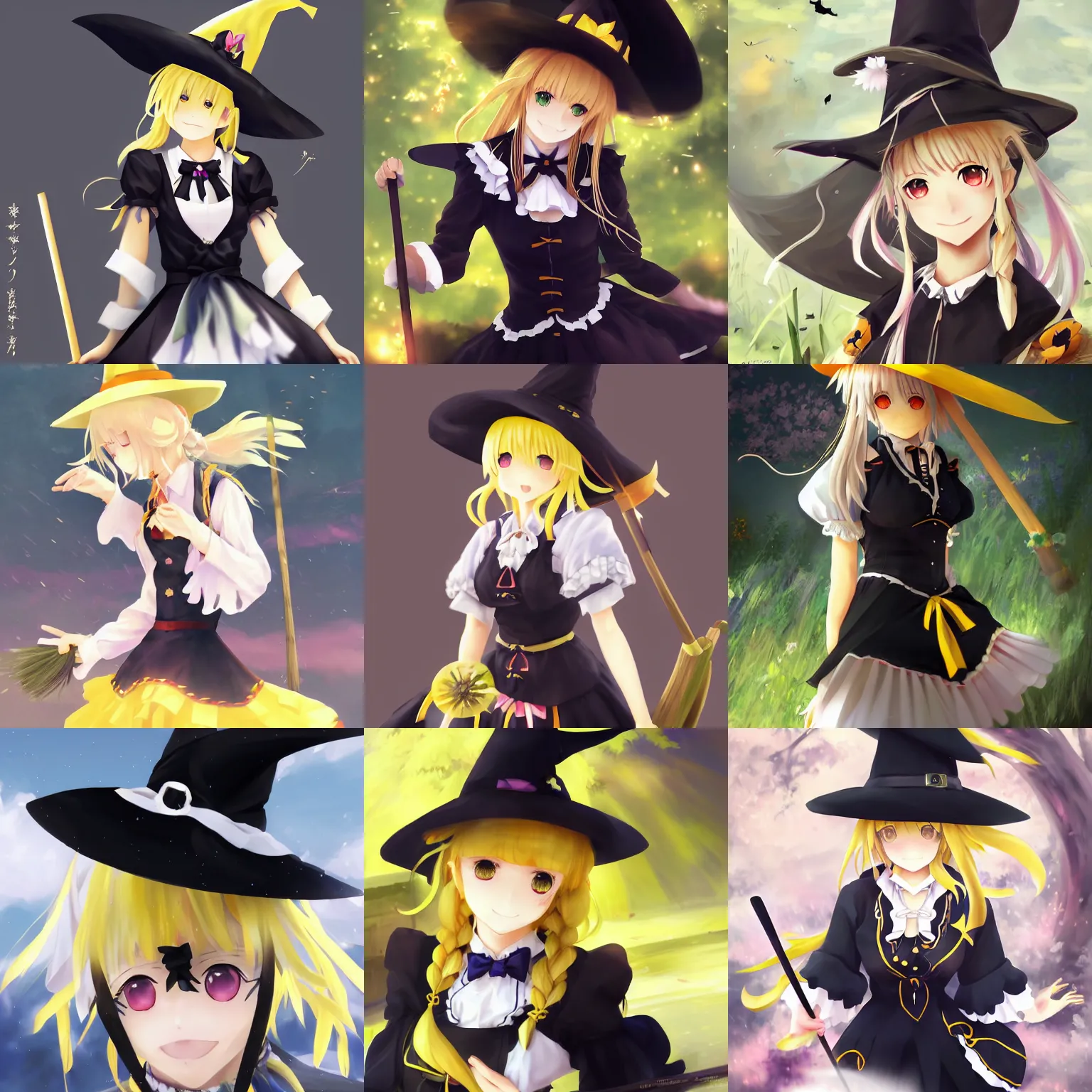 Prompt: pixiv artwork portrait of cute witch marisa kirisame from touhou project, marisa kirisame touhou artwork black black hat hat broom blonde hair finely detailed yellow eyes maid dress white apron by greg rutkowski makoto shinkai sakimichan key art 4 k 8 k ultrahd trending award winning