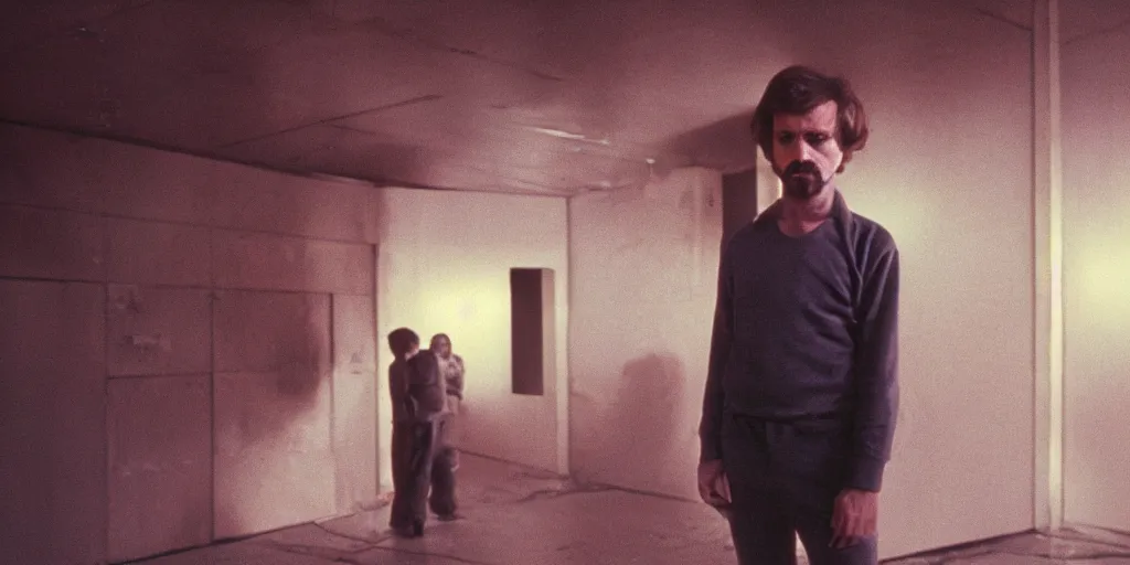 Image similar to screenshot portrait of Mark Hammil standing alone in the a sci fi minimal dirty Temple, 1970s thriller by Stanely Kubrick film, color kodak, Ektachrome, anamorphic lenses, detailed faces, hyper-realistic, photoreal, detailed portrait, moody cinematography, strange lighting