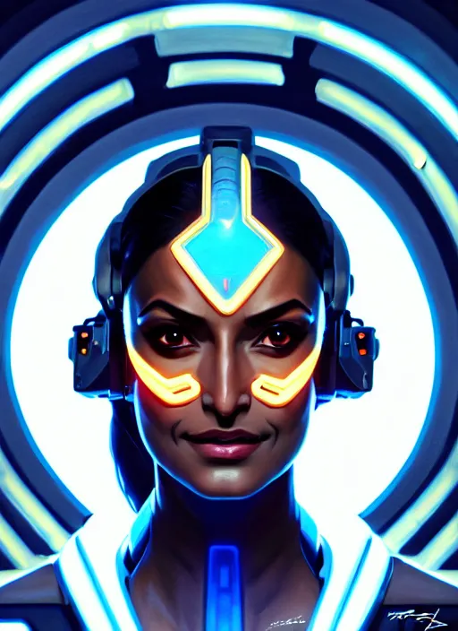 Image similar to symmetry portrait of symmetra from overwatch, closeup, sci - fi, tech wear, glowing lights intricate, elegant, highly detailed, digital painting, artstation, concept art, smooth, sharp focus, illustration, art by artgerm and greg rutkowski and alphonse mucha