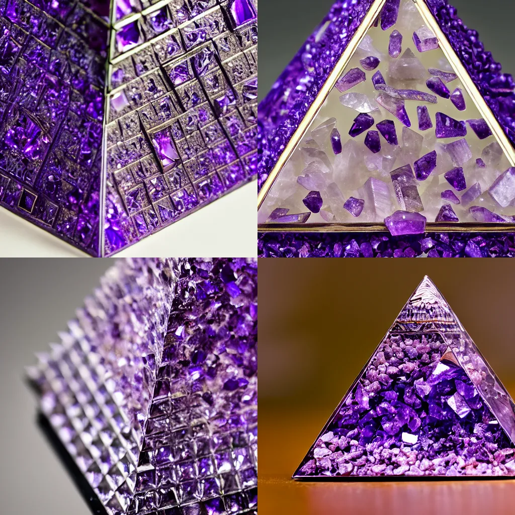 Prompt: studio photograph of a pyramid made of amethyst, intricate detail, xf iq 4, 1 5 0 mp, 5 0 mm, f 1. 4, iso 2 0 0, 1 / 1 6 0 s, natural light, adobe lightroom, photolab, affinity photo, photodirector 3 6 5