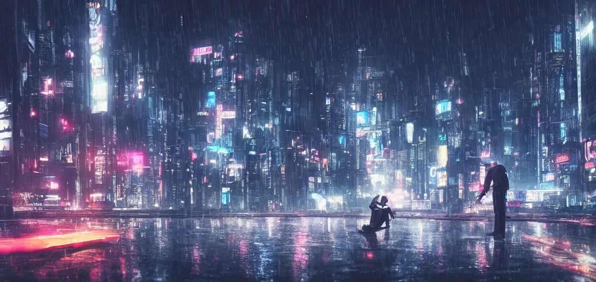 Image similar to shot of the roof with single man sitting on the edge during rain, below impressive cyberpunk night city during great rainy storm with lightning, nightscape, futuristic architecture, realistic photo, neons, blade runner, akira style, cinematic lighting, cinematic angles