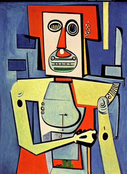 Prompt: portrait of a robot expressing suffering upon realizing that it is not capable of dreaming by picasso