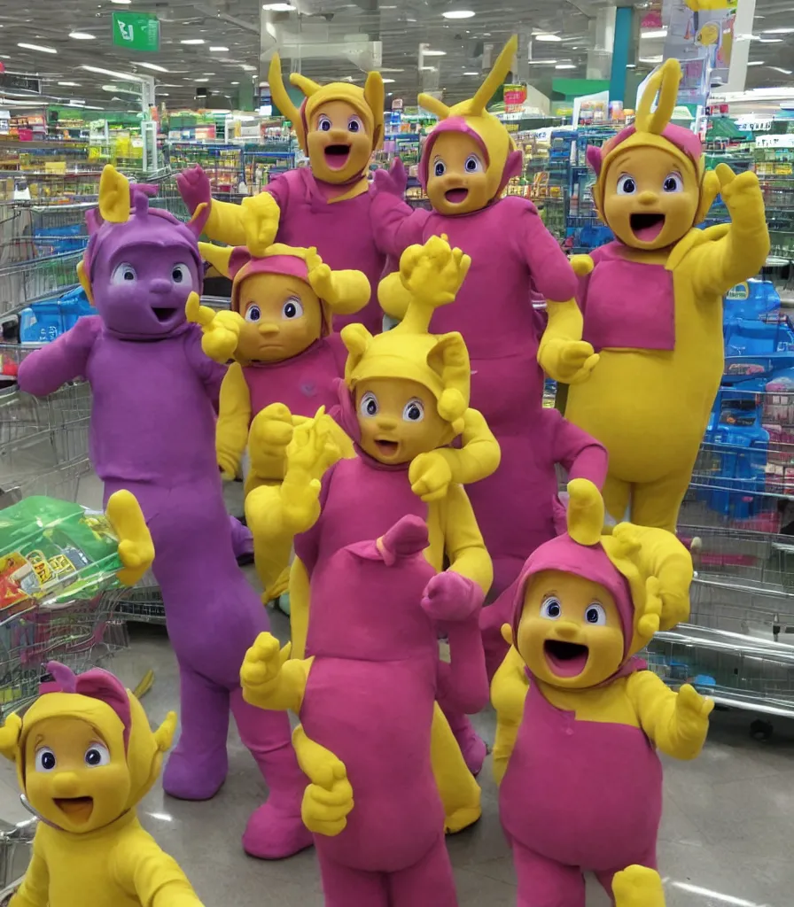 Image similar to teletubbies at tesco buying pasta