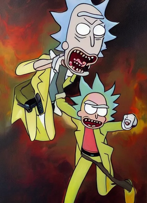 Image similar to rick and morty painting by phil hale, francisco goya,'action lines '!!!, graphic style, visible brushstrokes, motion blur, blurry, hd image