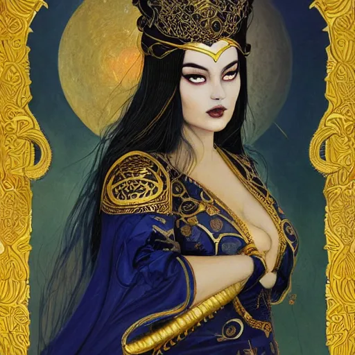 Prompt: painting of junoesque plus size priestess of the moon, golden filigree armor and tiara, gold orb in hand, moon above head, dark blue straight hair, smooth translucent skin, wide striking eyes, beautiful! coherent! by brom, by brian froud, strong line, high contrast, muted color, 4 k, trending on artstation