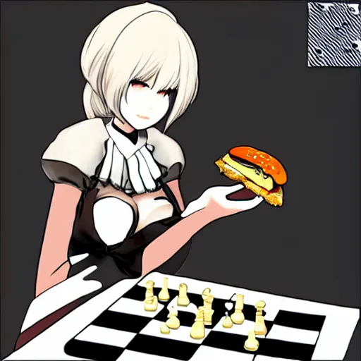 Prompt: 2B from nier automata eating a chess burger, anime style.