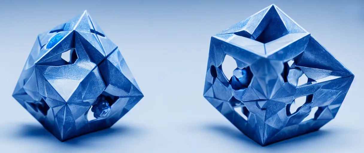 Image similar to hyperrealistic highly detailed Kepler's Platonic solid model impossible object in motion escher dali dramatic blue lighting wide angle hd 8k sharp shallow depth of field