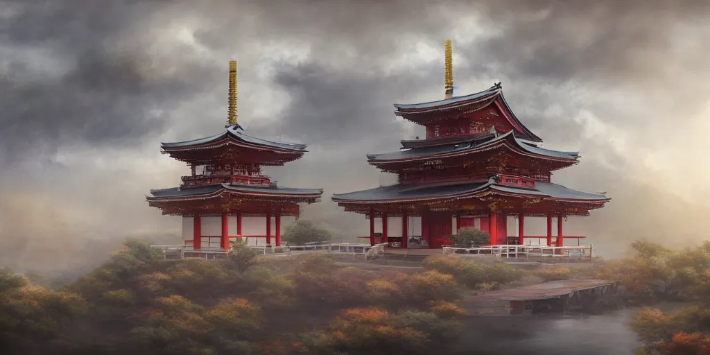 Image similar to a japanese buddhist temple. a fantasy digital painting by richard schmid, atmospheric lighting, misty clouds, cinematic landscape, architectural concept, dynamic angle, trending on artstation, golden rays,