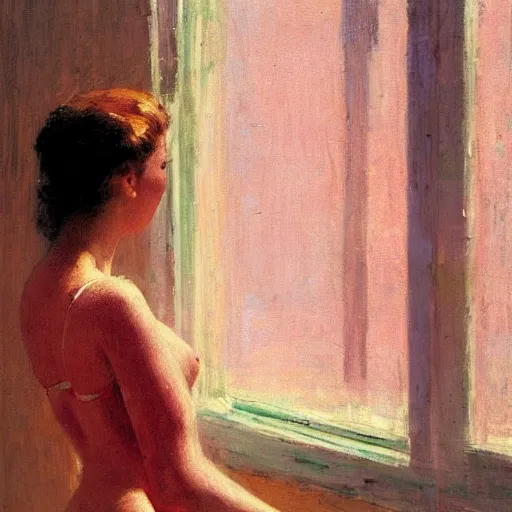 Prompt: A woman looking through a rainy window, back view, pink string bikini, modest, 1950s, americana, award-winning, warm colors, by Ilya Repin, deviantart