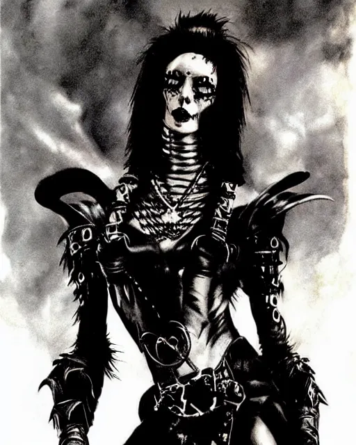 Image similar to portrait of a skinny punk goth sorceress wearing armor by simon bisley, john blance, frank frazetta, fantasy