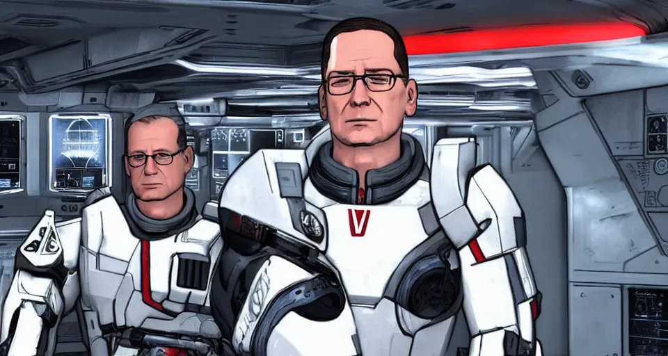 Prompt: hank hill as commander shepard surrounded by the engine room within the ssv normandy in the videogame mass effect 2. mid - conversation portrait. dim spaceship interior bg behind him. cutscene. hd.