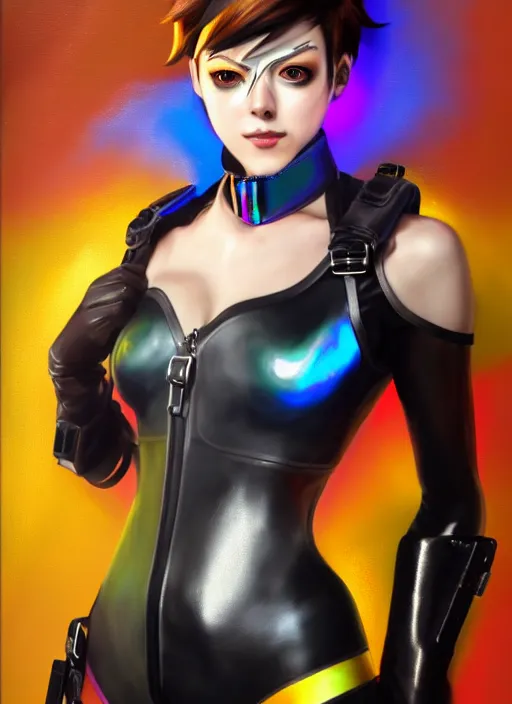 Prompt: oil painting digital artwork of tracer overwatch, confident pose, wearing black iridescent rainbow latex, 4 k, expressive happy smug expression, makeup, in style of mark arian, wearing leather collar, wearing sleek full body armor, black leather harness, expressive detailed face and eyes,