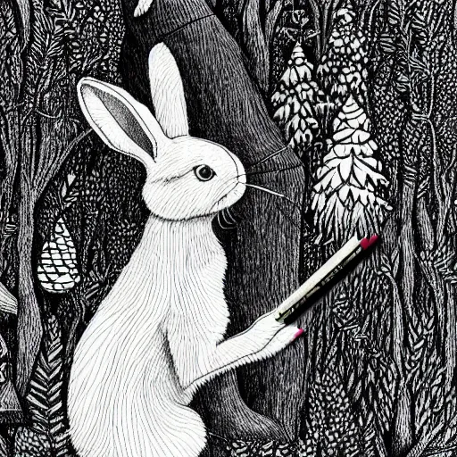 Image similar to precisely drawn, fine detailed, intense line work, drawing of a white bunny smoking a big cigarette in the deep tangled forest, by edward gorey, 3 d isotmetric, black ink on white paper