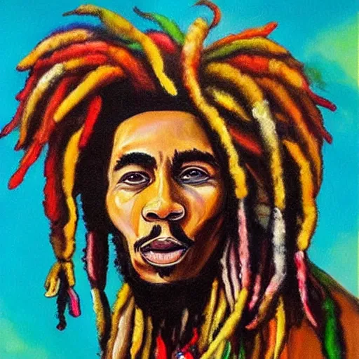 Image similar to a beautiful painting of a bob Marley sheep, Rastafarian, dreadlocks