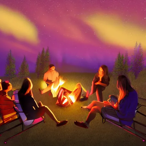 Prompt: friends sitting around a campfire drinking hot chocolate and burping up iridescent fireflies. 8K, art station, ultra realism.