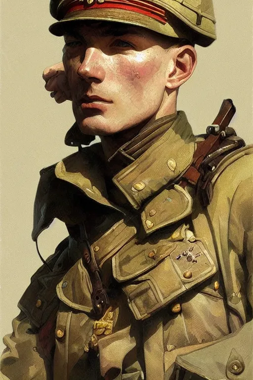 Image similar to A full portrait of a russian world war two soldier, intricate, elegant, highly detailed, digital painting, artstation, concept art, smooth, sharp focus, illustration, art by Krenz Cushart and Artem Demura and alphonse mucha
