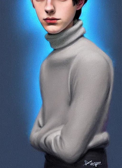 Image similar to portrait of teenage jughead jones wearing a light grey crown, crown, blue turtleneck, 1 9 5 0 s, closed eyes, photorealistic, black hair, glowing lighting, intricate, elegant, glowing lights, highly detailed, digital painting, artstation, concept art, smooth, sharp focus, illustration, art by wlop, mars ravelo and greg rutkowski