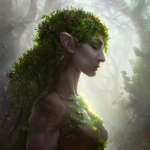 Image similar to cinematic painting, portrait of a dryad, inspired by brian froud, inspired by dungeons and dragons, fey, mysterious, in an evening autumn forest, trending on art station, cinematic sunset evening lighting, ominous shadows by jessica rossier