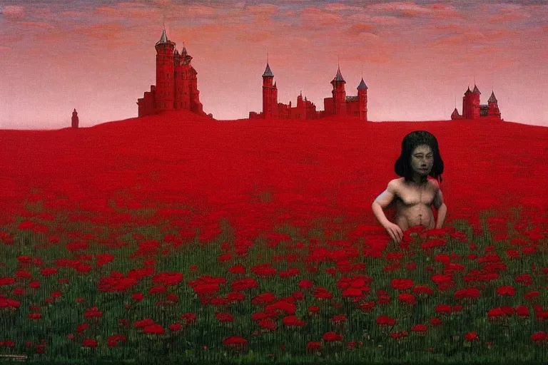 Prompt: only with red, red flowers of different types, red castle in background, red medieval big fat goblins, in the style of beksinski, parts by edward hopper, parts by rodcenko, parts by yue minjun, intricate and epic composition, red by caravaggio, insanely quality, highly detailed, masterpiece, red light, artstation, 4 k
