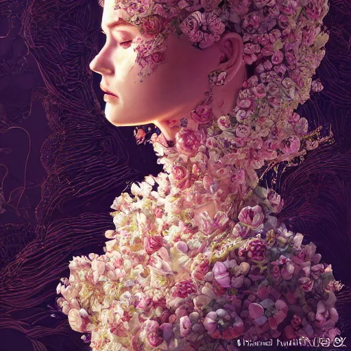 Image similar to the portrait of an absurdly beautiful, graceful, elegant, sophisticated, fashionable woman made of strawberries and white petals looking down, an ultrafine hyperdetailed illustration by kim jung gi, irakli nadar, intricate linework, bright colors, octopath traveler, final fantasy, unreal engine 5 highly rendered, global illumination, radiant light, detailed and intricate environment